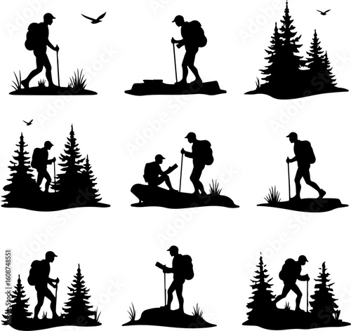 Hiking Adventure  Man outdoor  walking man illustration,