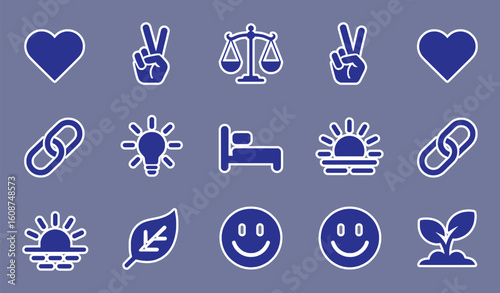 Blue icons representing peace love justice light sleep sunrise nature happiness and growth
