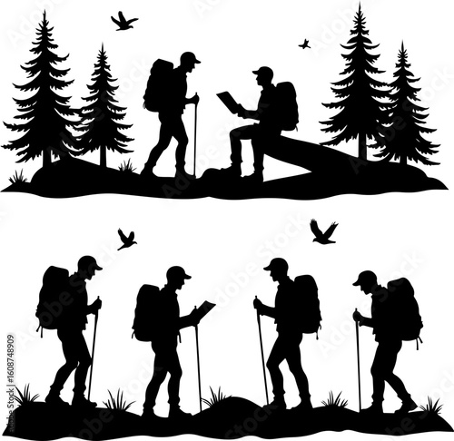 Hiking Adventure  Man outdoor  walking man illustration,
