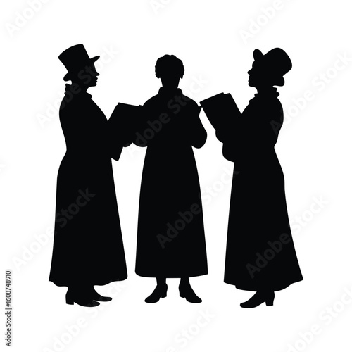 Victorian Era Carolers Silhouette Singing with Hats, Books, and Long Coats