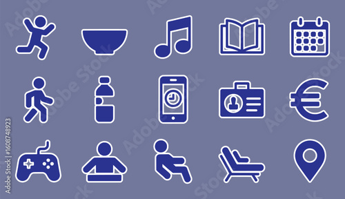 Diverse blue icons on a muted background vector silhouette