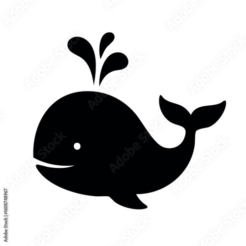 A charming silhouette of a whale spouting water from its blowhole. This simple black fill icon shows the friendly marine mammal in a side profile view.
