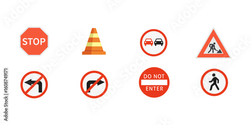 Essential Road Signs and Traffic Control Vector Icon Set – Featuring Stop, No Entry, Construction, and Turn Restrictions