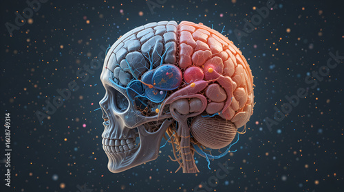 3D anatomical illustration of human brain and skull