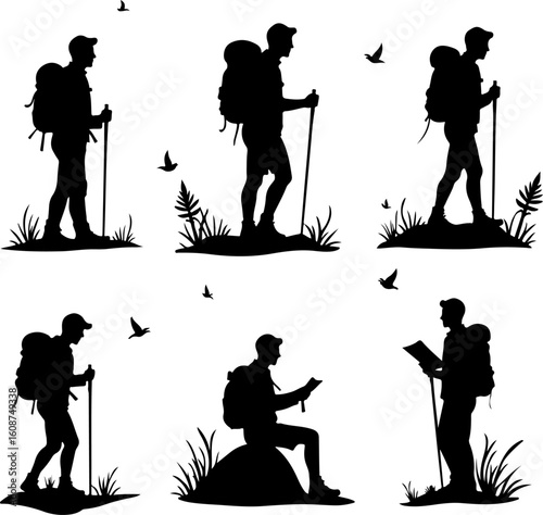 Hiking Adventure  Man outdoor  walking man illustration,