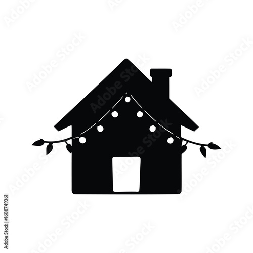 Simple black silhouette of a festive home with lights and greenery