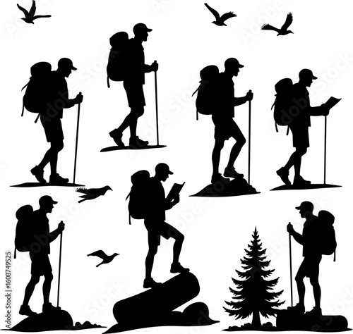 Hiking Adventure  Man outdoor  walking man illustration,