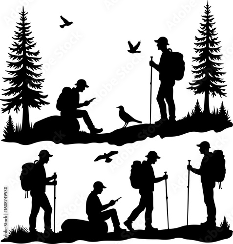 Hiking Adventure  Man outdoor  walking man illustration,
