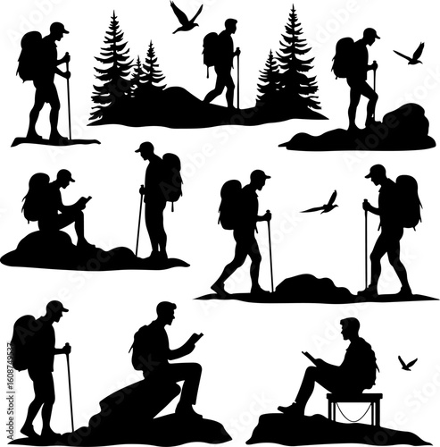 Hiking Adventure  Man outdoor  walking man illustration,