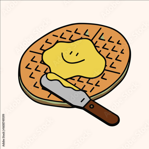 Cartoon vector illustration of waffle with smiling butter and butter knife – fun breakfast food design in flat style