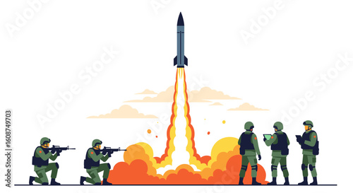 A vector illustration depicts a missile launch with soldiers observing, symbolizing military technology and global defense strategies against a white backdrop.