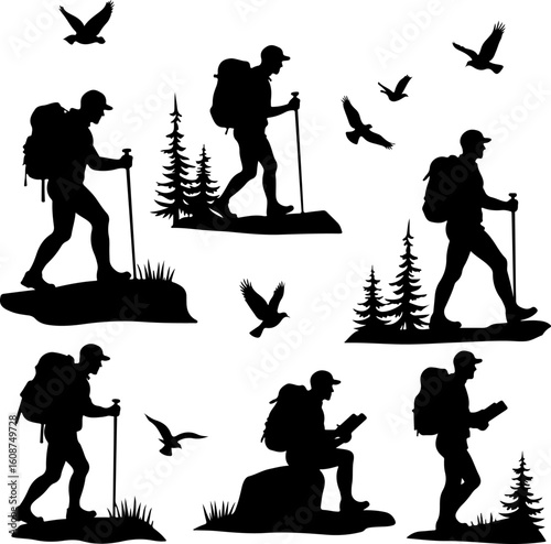 Hiking Adventure  Man outdoor  walking man illustration,