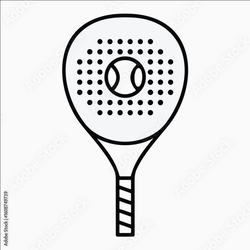 Minimalist outline icon of padel racket and ball – black and white vector illustration for sports and fitness design use