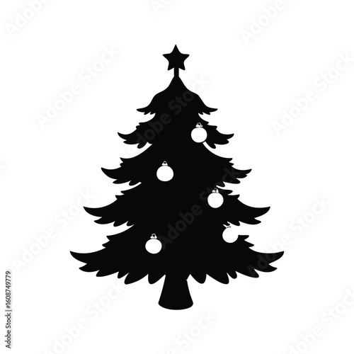 Silhouette of a Christmas Tree Adorned with Ornaments and Star Topper