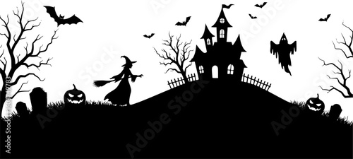 Halloween scene, black and white  