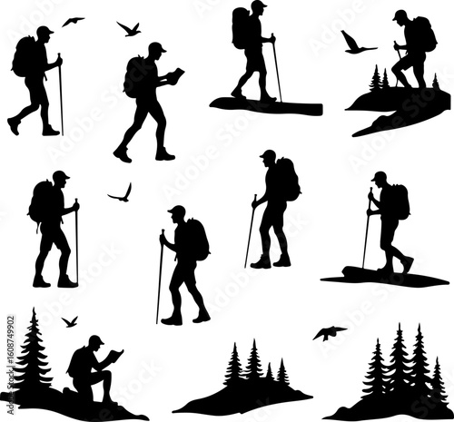 Hiking Adventure  Man outdoor  walking man illustration,