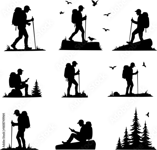 Hiking Adventure  Man outdoor  walking man illustration,