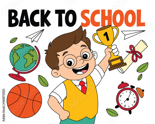 Back to school themed cartoon design with student boy in vest and tie, holding number one trophy surrounded by school icons and grid pattern
