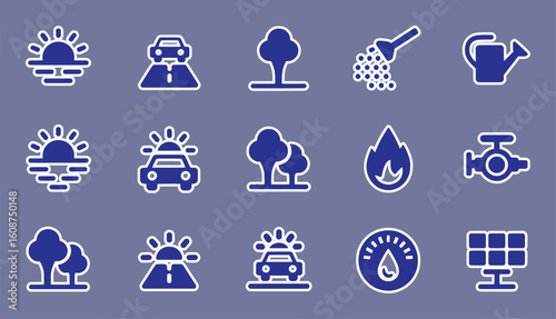 Blue icons depicting nature transportation and energy vector silhouette