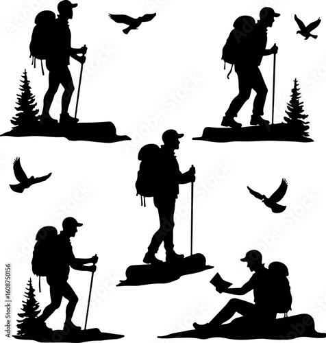 Hiking Adventure  Man outdoor  walking man illustration,