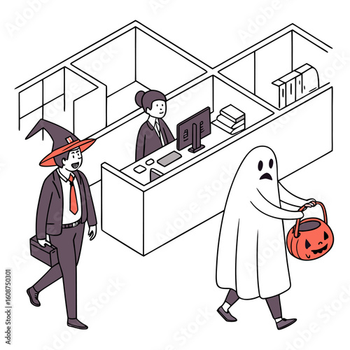 Isometric office scene featuring halloween costumes and office worker in a cubicle setting view from above