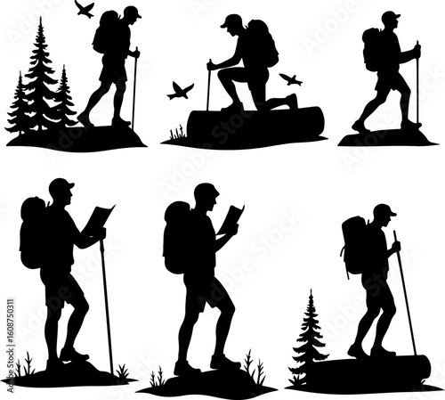 Hiking Adventure  Man outdoor  walking man illustration,