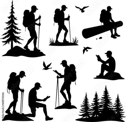 Hiking Adventure  Man outdoor  walking man illustration,