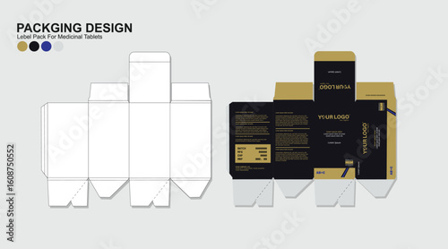 Label pack for medicinal tablets, label medicine paper design, medicine packaging design, healthcare product design. product label, realistic mock-up, vector illustration