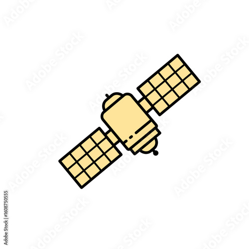 A stylized, yellow satellite with solar panels, depicted against a white background.