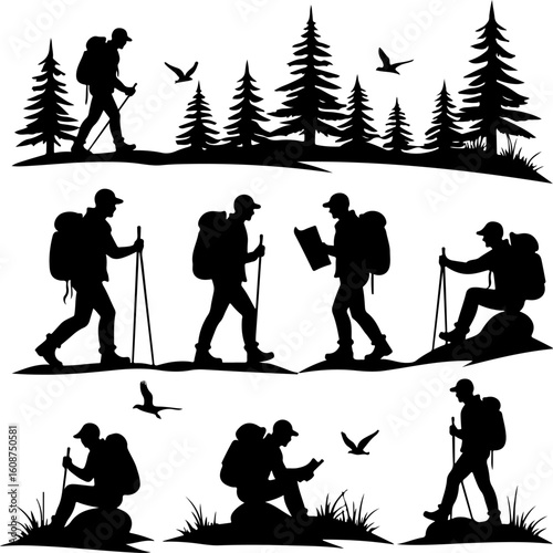Hiking Adventure  Man outdoor  walking man illustration,