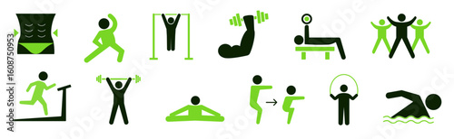 
Fitness and Workout Vector Icons – Healthy Lifestyle Activities and Gym Equipment in Green on White.