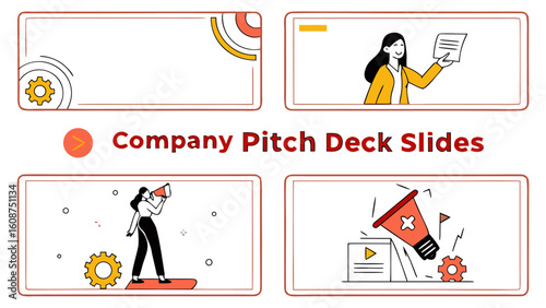 Presentation slides showing business concepts with gears, megaphone, and a woman holding documents and shouting