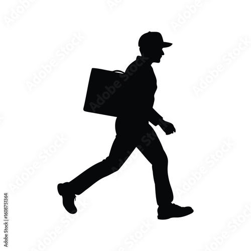 Silhouette of delivery man carrying a box on his back while walking