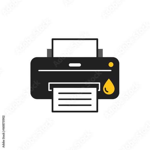 A stylized illustration of a black printer with paper and ink drop.