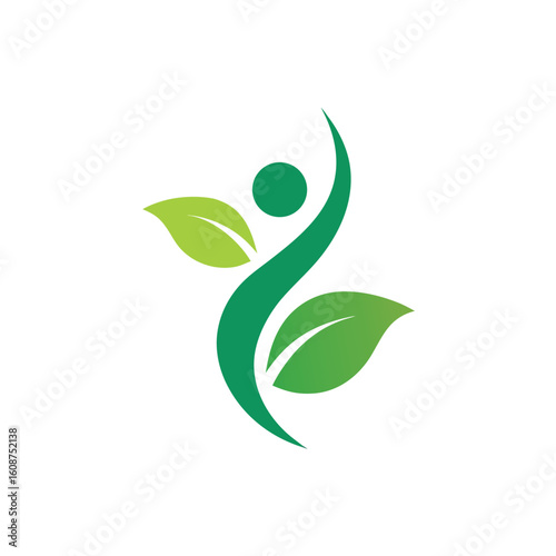 Wellness logo with human figure growing from leaf shown in natural health theme vector