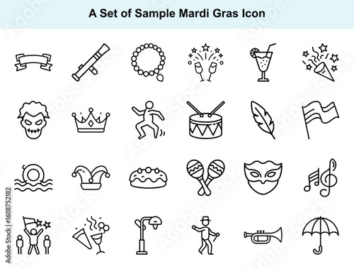 Mardi Gras elements are shown in simple outline icons