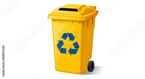 Bright Yellow Recycling Bin with Blue Symbol Vector Illustration