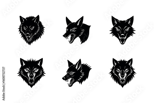 Ferocious Wolf Head Silhouettes: Aggressive Canine Vector Art & howling Wolf Logos