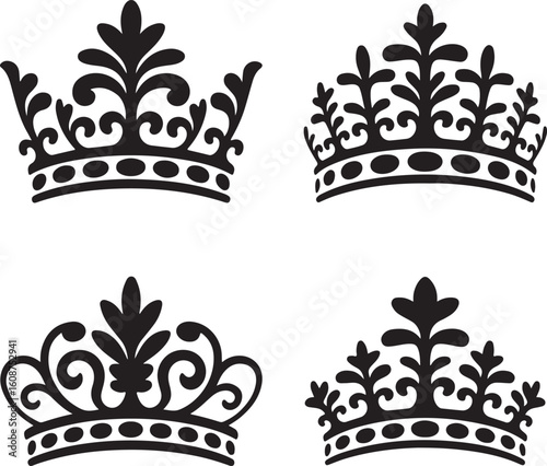 WebFour regal crowns displayed in a classic black silhouette against a white background royalty and nobility symbolism