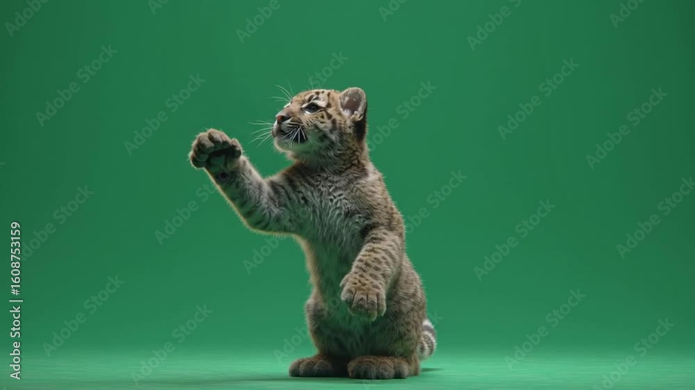 A playful mountain lion cub reaching up with paws on a solid green studio background scene green screen animal video