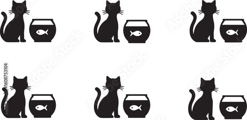 Cat Near Fishbowl Silhouette Icon Set – Black Vector Illustration