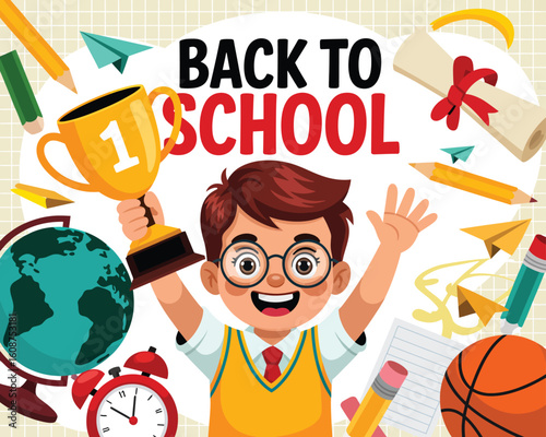 Playful back to school cartoon scene featuring boy with glasses, golden trophy, paper airplanes, diploma, and colorful educational elements
