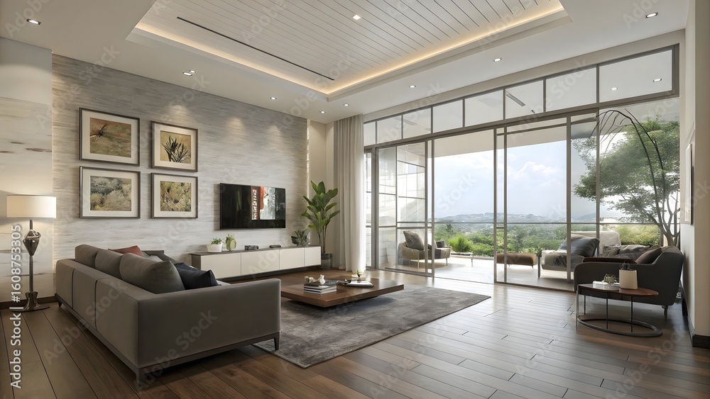 Fototapeta premium Modern Living Room Interior with Large Windows and Neutral Color Palette for Relaxation