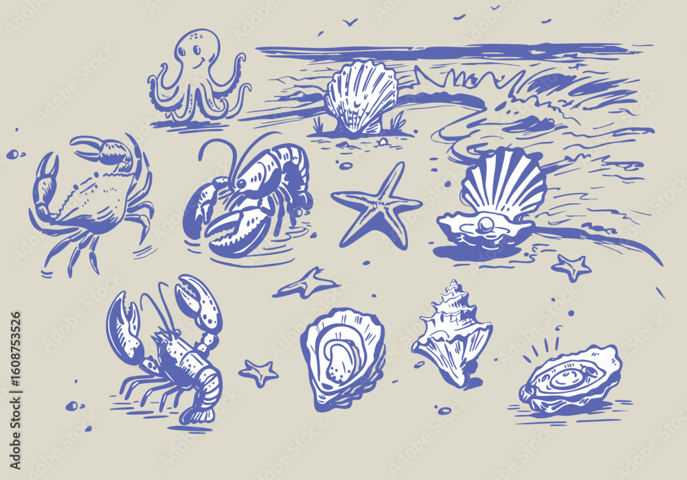 Obraz premium Hand drawn different mediterranean food set. Oysters, Starfish, octopus, crab, lobster, conch, scallop, fish. Dolce vita table setting coast food drawings for cafe or restaurant menus design. Doodle s