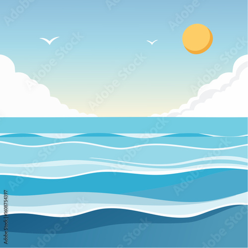 Serene Seaside Illustration: Tranquil Waves, Blue Skies, and the Warm Embrace of the Sun