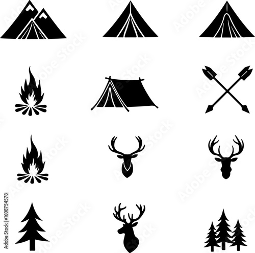 Mountain outdoor, adventure, travel,  forest, trees, pine trees, waves, water, bird, eagle,  deer vector bundle