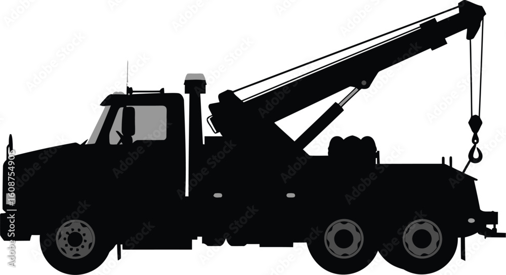 Naklejka premium Silhouette of a Tow Truck on a White Background Transportation and Vehicle Recovery Services Illustration