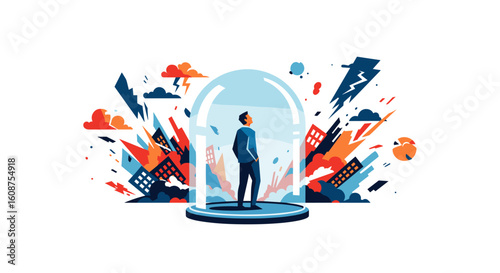 A person stands safely inside a protective dome as chaos and destruction rage outside, symbolizing resilience, security, and the ability to weather any storm.