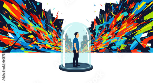 A man stands peacefully within a protective bubble, observing the vibrant, abstract explosion of chaotic colors and shapes around him in this graphic illustration.