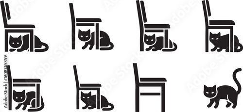 Cat Under Chair Silhouette Icon Set – Black Vector Design